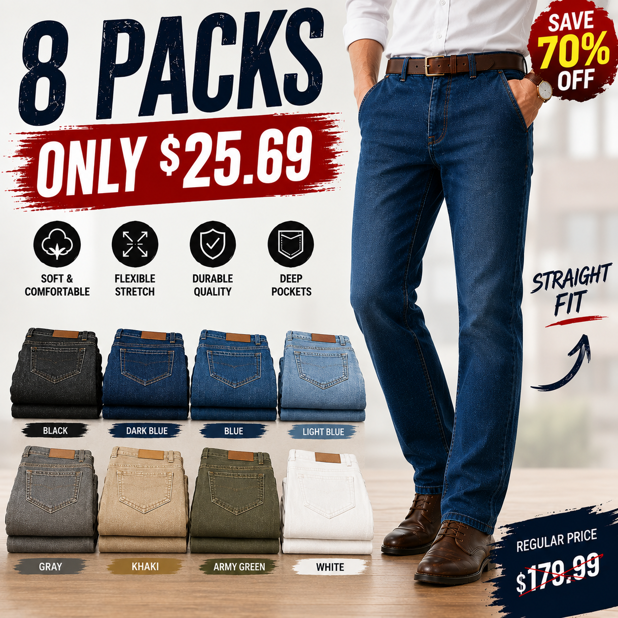 【LAST DAY SALE】Men's Classic Straight Fit Stretch Jeans