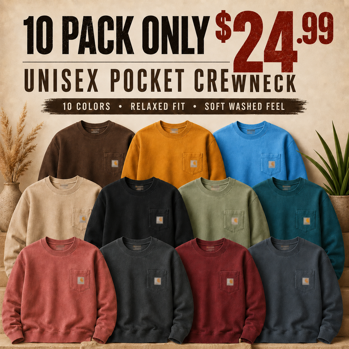 【LAST DAY SALE】Vintage Washed Unisex Pocket Crewneck Sweatshirt